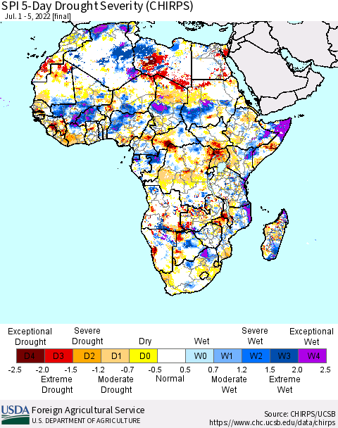 Africa SPI 5-Day Drought Severity (CHIRPS) Thematic Map For 7/1/2022 - 7/5/2022
