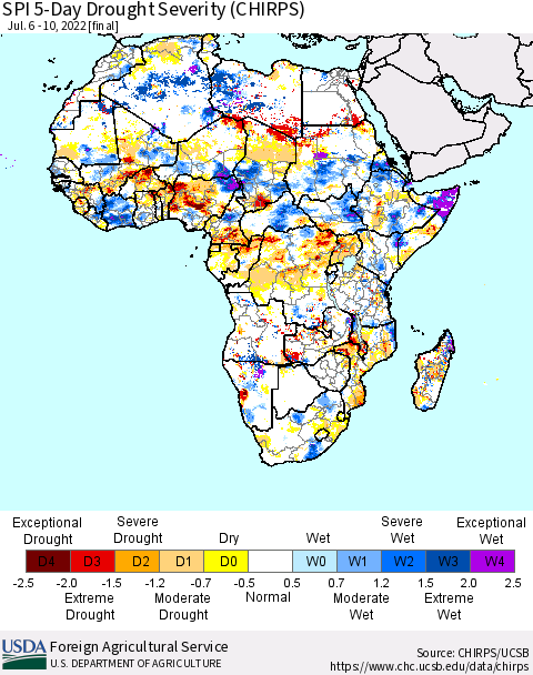 Africa SPI 5-Day Drought Severity (CHIRPS) Thematic Map For 7/6/2022 - 7/10/2022