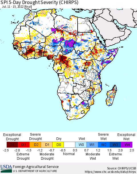 Africa SPI 5-Day Drought Severity (CHIRPS) Thematic Map For 7/11/2022 - 7/15/2022
