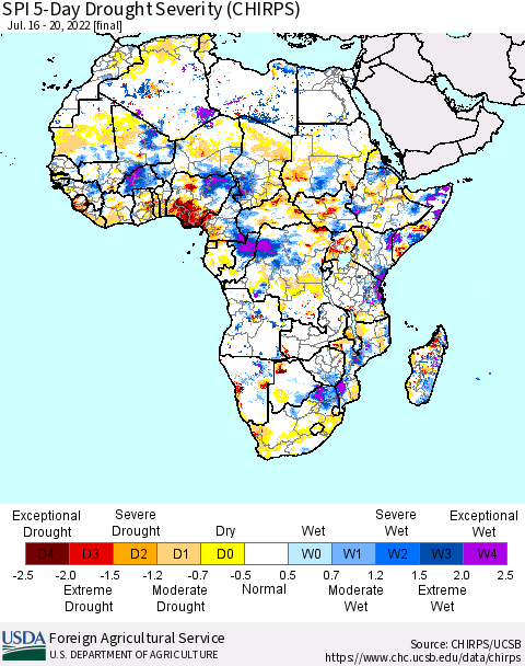 Africa SPI 5-Day Drought Severity (CHIRPS) Thematic Map For 7/16/2022 - 7/20/2022