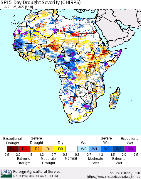 Africa SPI 5-Day Drought Severity (CHIRPS) Thematic Map For 7/21/2022 - 7/25/2022