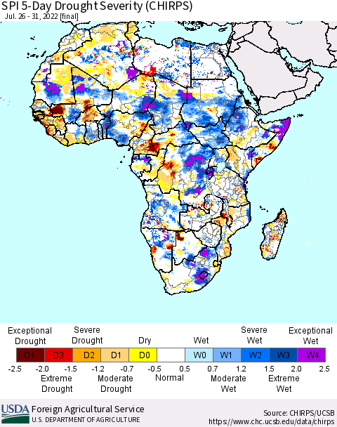 Africa SPI 5-Day Drought Severity (CHIRPS) Thematic Map For 7/26/2022 - 7/31/2022