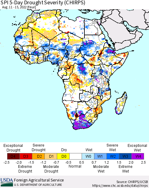 Africa SPI 5-Day Drought Severity (CHIRPS) Thematic Map For 8/11/2022 - 8/15/2022