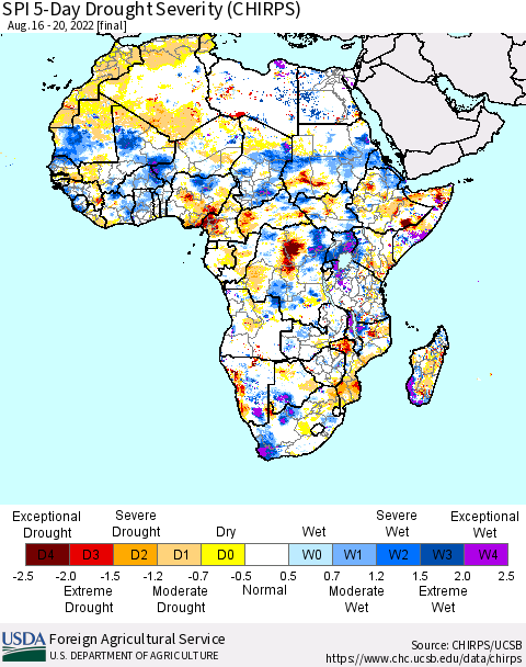 Africa SPI 5-Day Drought Severity (CHIRPS) Thematic Map For 8/16/2022 - 8/20/2022