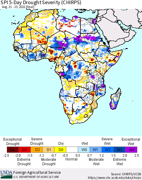 Africa SPI 5-Day Drought Severity (CHIRPS) Thematic Map For 8/21/2022 - 8/25/2022