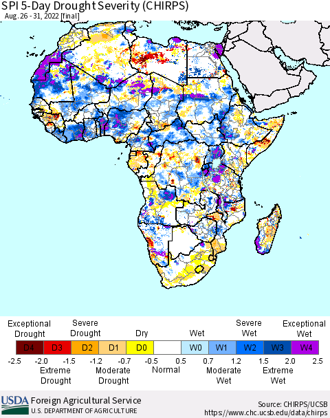Africa SPI 5-Day Drought Severity (CHIRPS) Thematic Map For 8/26/2022 - 8/31/2022
