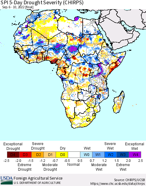 Africa SPI 5-Day Drought Severity (CHIRPS) Thematic Map For 9/6/2022 - 9/10/2022