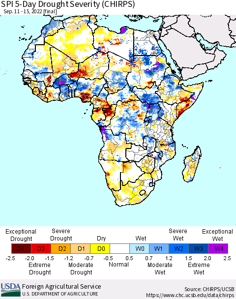 Africa SPI 5-Day Drought Severity (CHIRPS) Thematic Map For 9/11/2022 - 9/15/2022