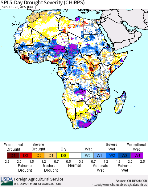 Africa SPI 5-Day Drought Severity (CHIRPS) Thematic Map For 9/16/2022 - 9/20/2022