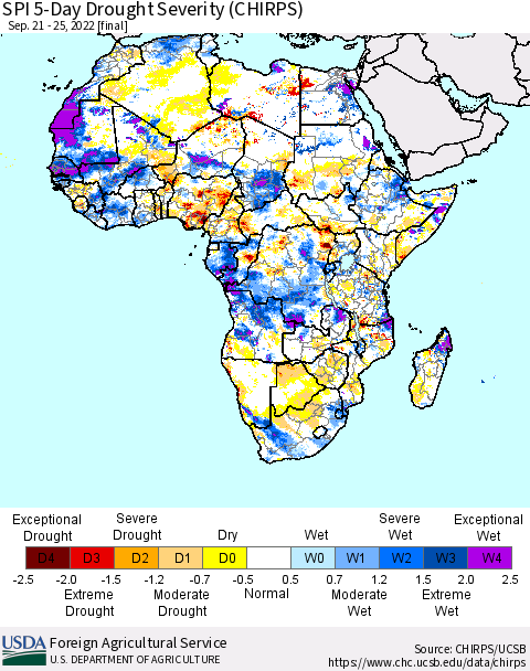 Africa SPI 5-Day Drought Severity (CHIRPS) Thematic Map For 9/21/2022 - 9/25/2022