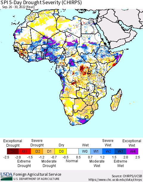 Africa SPI 5-Day Drought Severity (CHIRPS) Thematic Map For 9/26/2022 - 9/30/2022