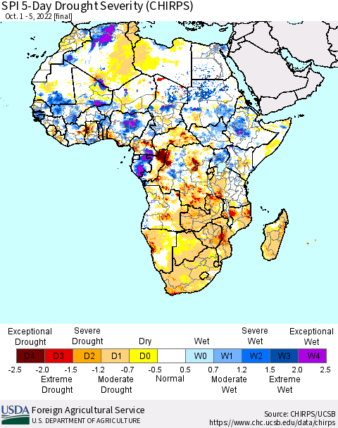 Africa SPI 5-Day Drought Severity (CHIRPS) Thematic Map For 10/1/2022 - 10/5/2022