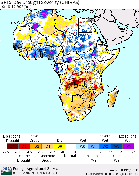 Africa SPI 5-Day Drought Severity (CHIRPS) Thematic Map For 10/6/2022 - 10/10/2022