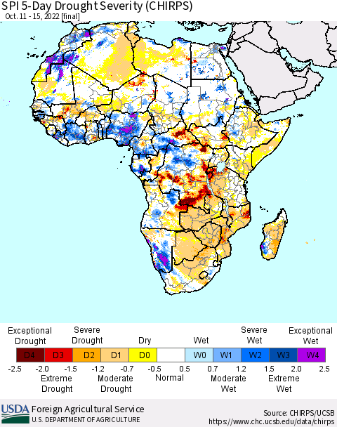 Africa SPI 5-Day Drought Severity (CHIRPS) Thematic Map For 10/11/2022 - 10/15/2022