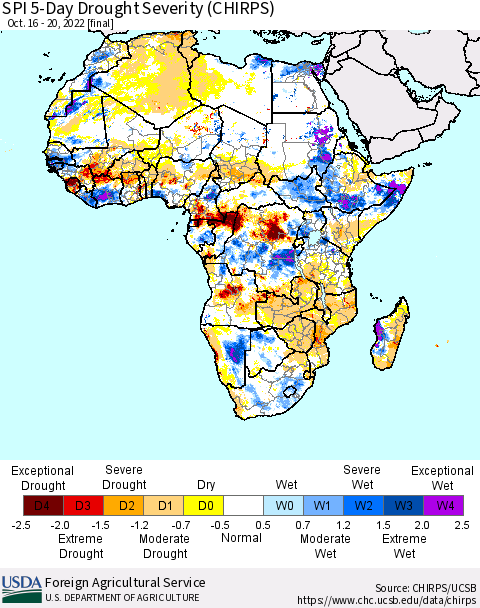 Africa SPI 5-Day Drought Severity (CHIRPS) Thematic Map For 10/16/2022 - 10/20/2022