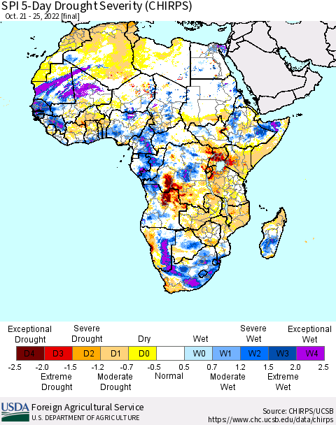 Africa SPI 5-Day Drought Severity (CHIRPS) Thematic Map For 10/21/2022 - 10/25/2022