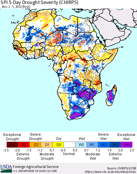 Africa SPI 5-Day Drought Severity (CHIRPS) Thematic Map For 11/1/2022 - 11/5/2022