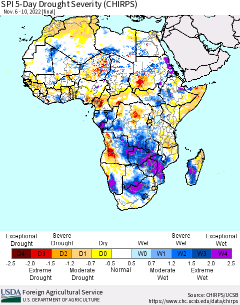 Africa SPI 5-Day Drought Severity (CHIRPS) Thematic Map For 11/6/2022 - 11/10/2022