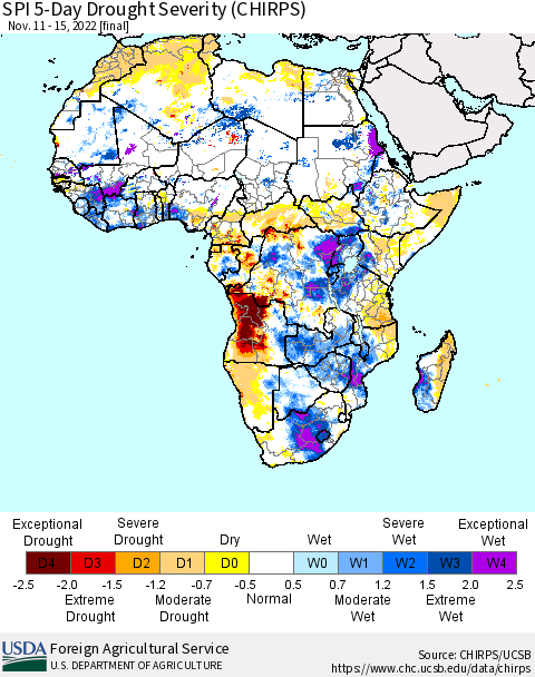 Africa SPI 5-Day Drought Severity (CHIRPS) Thematic Map For 11/11/2022 - 11/15/2022