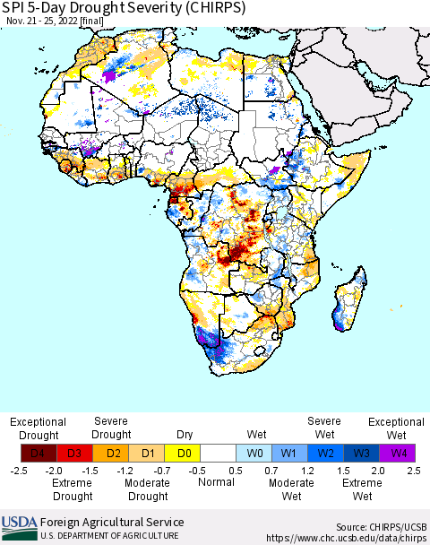 Africa SPI 5-Day Drought Severity (CHIRPS) Thematic Map For 11/21/2022 - 11/25/2022