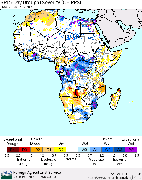 Africa SPI 5-Day Drought Severity (CHIRPS) Thematic Map For 11/26/2022 - 11/30/2022