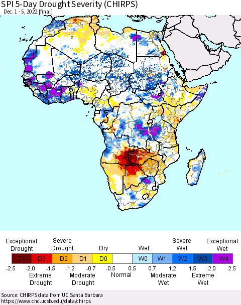 Africa SPI 5-Day Drought Severity (CHIRPS) Thematic Map For 12/1/2022 - 12/5/2022
