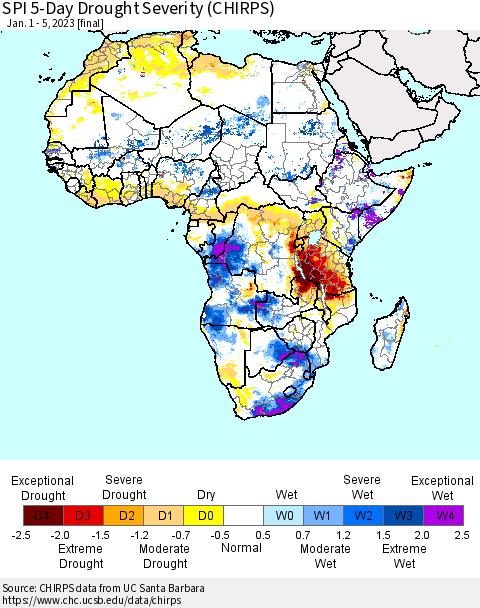 Africa SPI 5-Day Drought Severity (CHIRPS) Thematic Map For 1/1/2023 - 1/5/2023