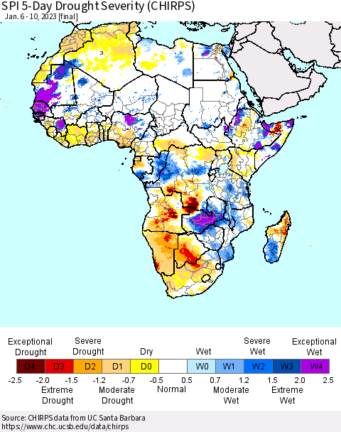 Africa SPI 5-Day Drought Severity (CHIRPS) Thematic Map For 1/6/2023 - 1/10/2023