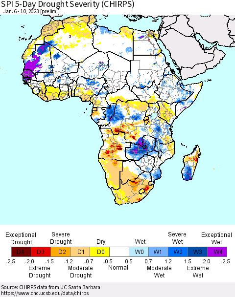 Africa SPI 5-Day Drought Severity (CHIRPS) Thematic Map For 1/6/2023 - 1/10/2023