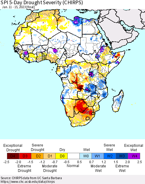 Africa SPI 5-Day Drought Severity (CHIRPS) Thematic Map For 1/11/2023 - 1/15/2023