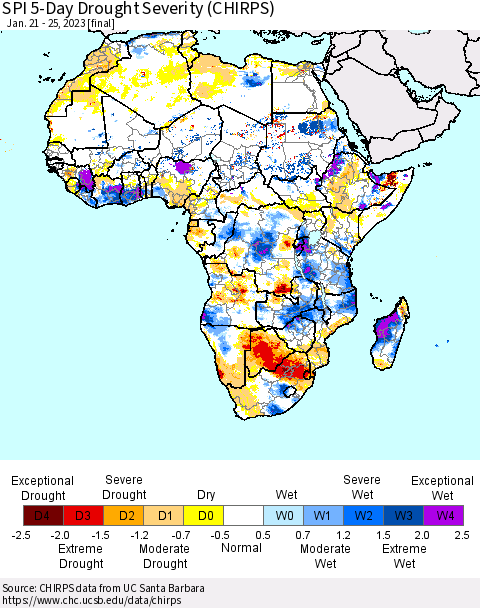 Africa SPI 5-Day Drought Severity (CHIRPS) Thematic Map For 1/21/2023 - 1/25/2023