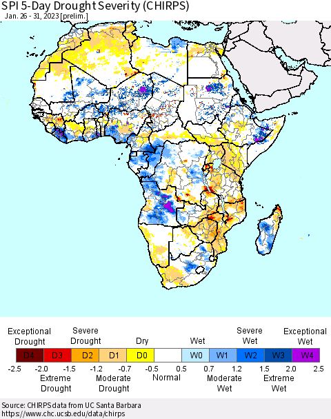 Africa SPI 5-Day Drought Severity (CHIRPS) Thematic Map For 1/26/2023 - 1/31/2023