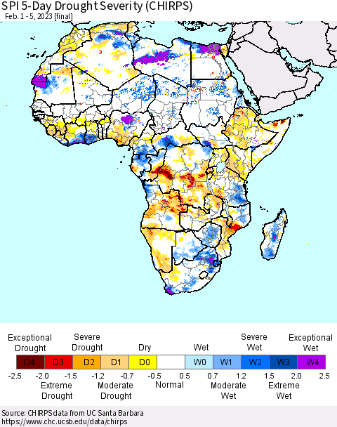 Africa SPI 5-Day Drought Severity (CHIRPS) Thematic Map For 2/1/2023 - 2/5/2023