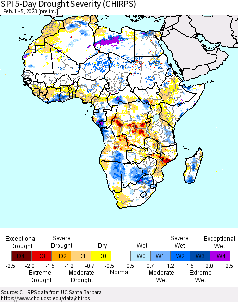 Africa SPI 5-Day Drought Severity (CHIRPS) Thematic Map For 2/1/2023 - 2/5/2023