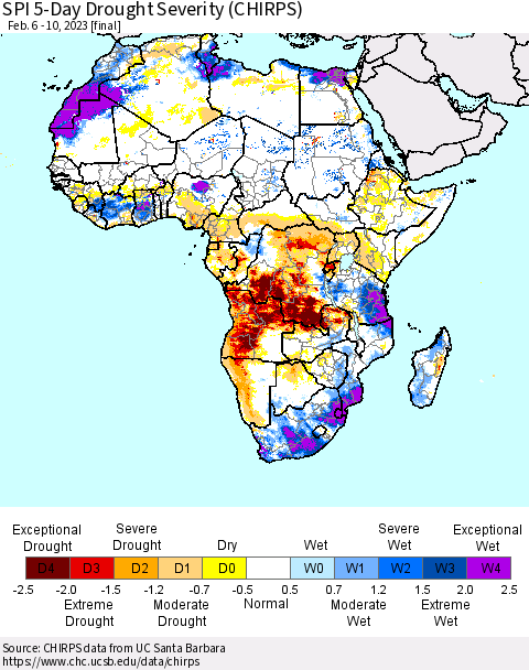 Africa SPI 5-Day Drought Severity (CHIRPS) Thematic Map For 2/6/2023 - 2/10/2023
