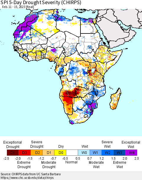 Africa SPI 5-Day Drought Severity (CHIRPS) Thematic Map For 2/11/2023 - 2/15/2023