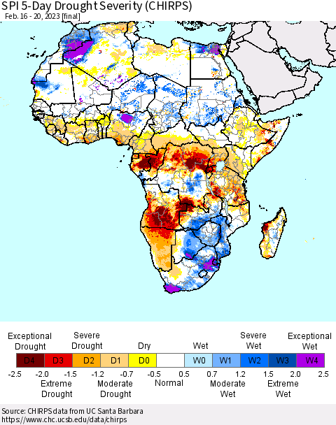 Africa SPI 5-Day Drought Severity (CHIRPS) Thematic Map For 2/16/2023 - 2/20/2023