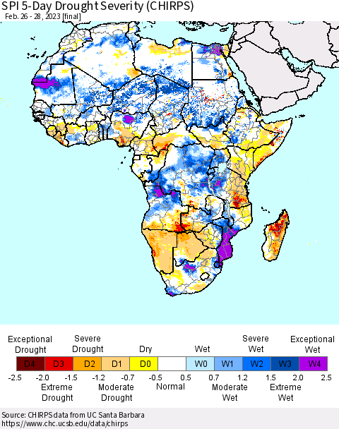 Africa SPI 5-Day Drought Severity (CHIRPS) Thematic Map For 2/26/2023 - 2/28/2023