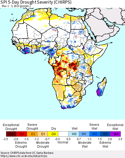 Africa SPI 5-Day Drought Severity (CHIRPS) Thematic Map For 3/1/2023 - 3/5/2023
