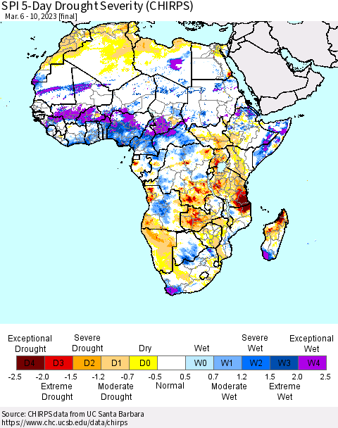 Africa SPI 5-Day Drought Severity (CHIRPS) Thematic Map For 3/6/2023 - 3/10/2023