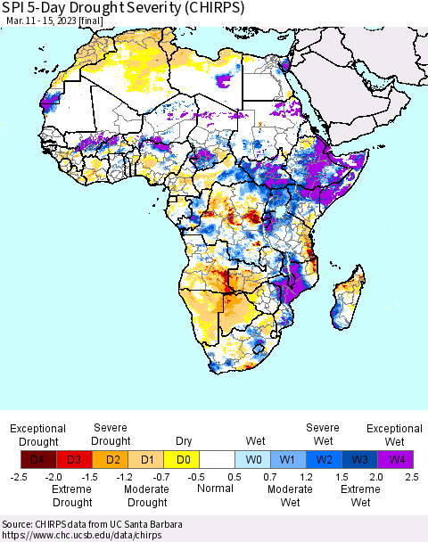 Africa SPI 5-Day Drought Severity (CHIRPS) Thematic Map For 3/11/2023 - 3/15/2023