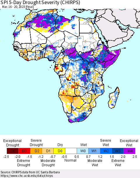Africa SPI 5-Day Drought Severity (CHIRPS) Thematic Map For 3/16/2023 - 3/20/2023