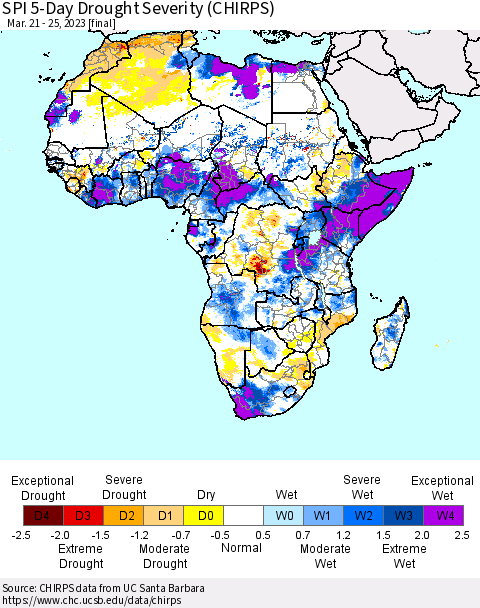 Africa SPI 5-Day Drought Severity (CHIRPS) Thematic Map For 3/21/2023 - 3/25/2023