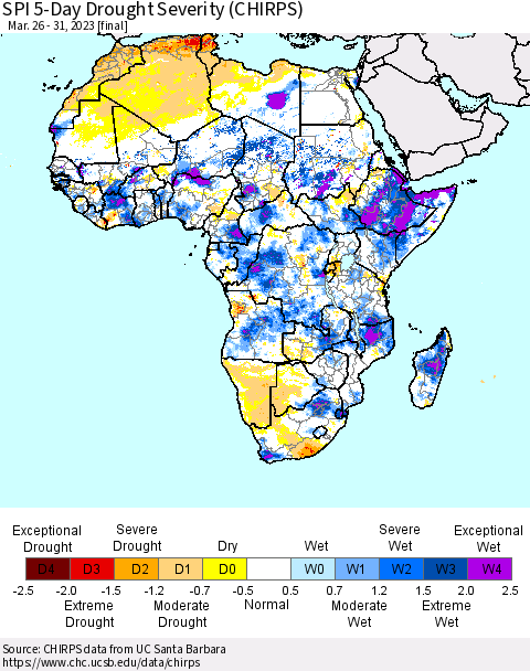 Africa SPI 5-Day Drought Severity (CHIRPS) Thematic Map For 3/26/2023 - 3/31/2023