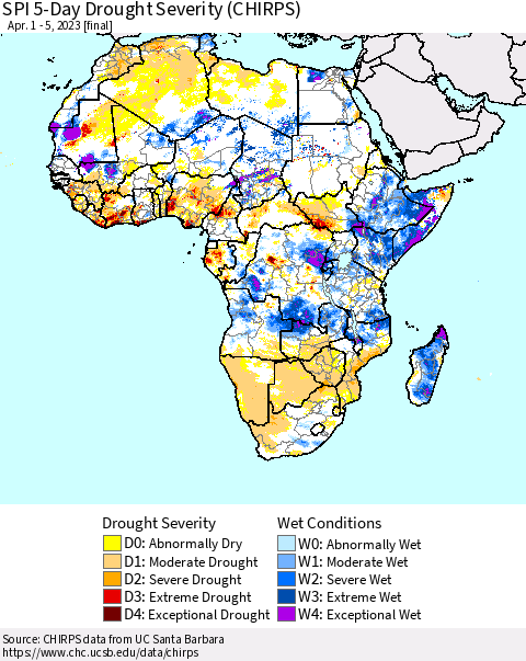 Africa SPI 5-Day Drought Severity (CHIRPS) Thematic Map For 4/1/2023 - 4/5/2023