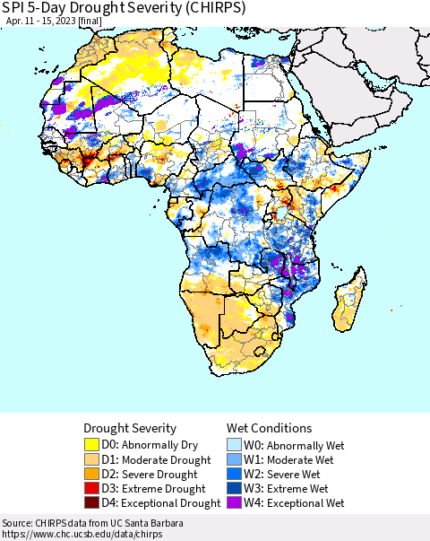 Africa SPI 5-Day Drought Severity (CHIRPS) Thematic Map For 4/11/2023 - 4/15/2023