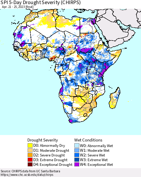 Africa SPI 5-Day Drought Severity (CHIRPS) Thematic Map For 4/21/2023 - 4/25/2023