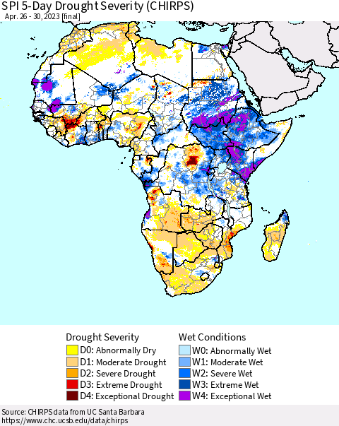 Africa SPI 5-Day Drought Severity (CHIRPS) Thematic Map For 4/26/2023 - 4/30/2023