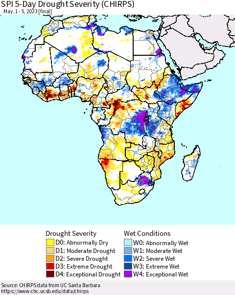 Africa SPI 5-Day Drought Severity (CHIRPS) Thematic Map For 5/1/2023 - 5/5/2023