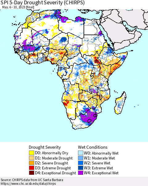 Africa SPI 5-Day Drought Severity (CHIRPS) Thematic Map For 5/6/2023 - 5/10/2023